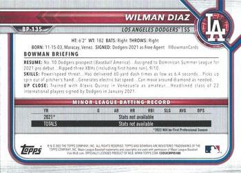 2022 Bowman - Prospects #BP-135 Wilman Diaz Back