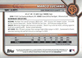 2022 Bowman - Prospects Sky Blue #BP-7 Marco Luciano Back