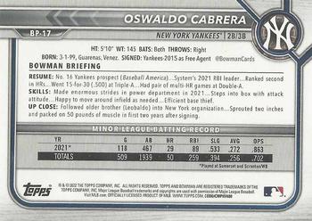 2022 Bowman - Prospects Sky Blue #BP-17 Oswaldo Cabrera Back