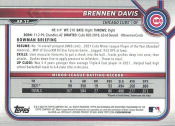 2022 Bowman - Prospects Sky Blue #BP-37 Brennen Davis Back