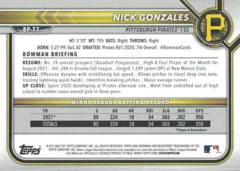 2022 Bowman - Prospects Sky Blue #BP-77 Nick Gonzales Back