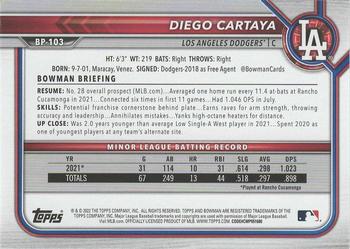 2022 Bowman - Prospects Sky Blue #BP-103 Diego Cartaya Back