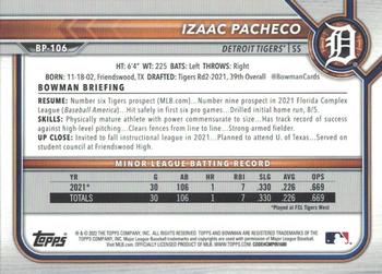 2022 Bowman - Prospects Sky Blue #BP-106 Izaac Pacheco Back