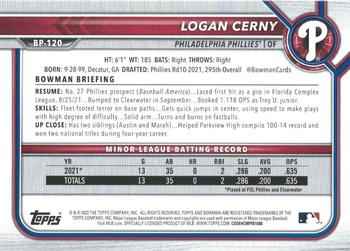 2022 Bowman - Prospects Sky Blue #BP-120 Logan Cerny Back
