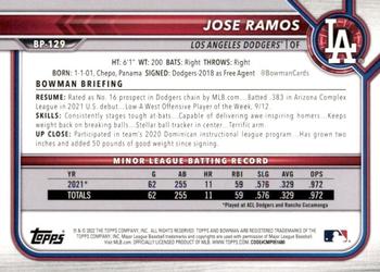 2022 Bowman - Prospects Sky Blue #BP-129 Jose Ramos Back