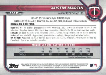 2022 Bowman - Prospects Sky Blue #BP-139 Austin Martin Back