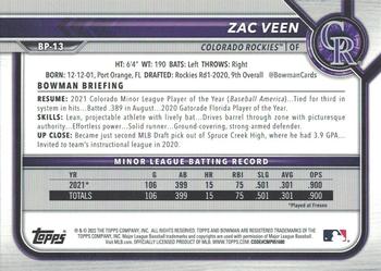 2022 Bowman - Prospects Neon Green #BP-13 Zac Veen Back