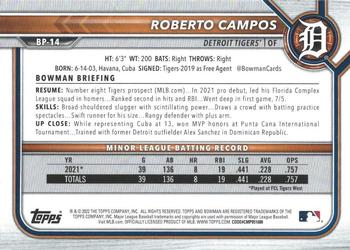 2022 Bowman - Prospects Neon Green #BP-14 Roberto Campos Back