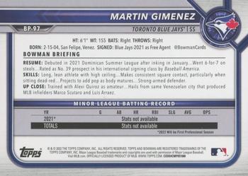 2022 Bowman - Prospects Neon Green #BP-97 Martin Gimenez Back