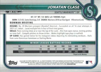 2022 Bowman - Prospects Neon Green #BP-118 Jonatan Clase Back