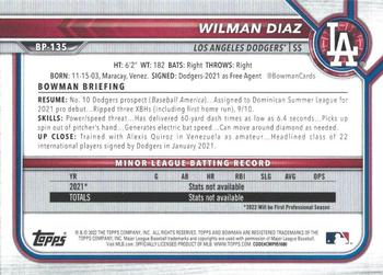 2022 Bowman - Prospects Neon Green #BP-135 Wilman Diaz Back