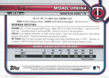 2022 Bowman - Prospects Purple #BP-86 Misael Urbina Back