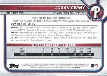 2022 Bowman - Prospects Purple #BP-120 Logan Cerny Back