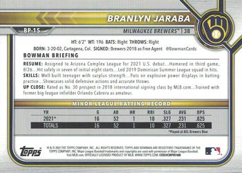 2022 Bowman - Prospects Blue #BP-15 Branlyn Jaraba Back