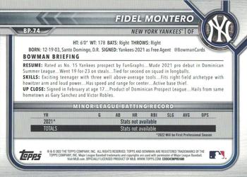 2022 Bowman - Prospects Blue #BP-74 Fidel Montero Back