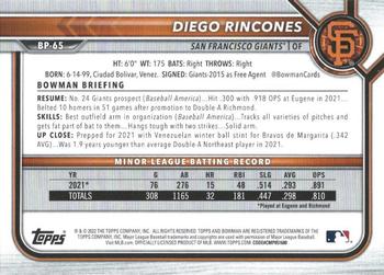 2022 Bowman - Prospects Yellow #BP-65 Diego Rincones Back