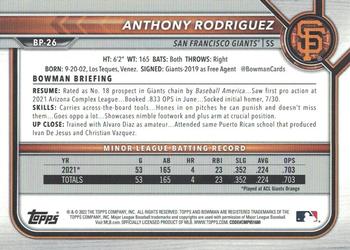 2022 Bowman - Prospects Orange #BP-26 Anthony Rodriguez Back