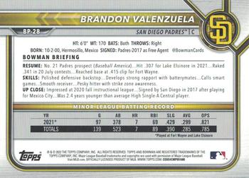 2022 Bowman - Prospects Orange #BP-28 Brandon Valenzuela Back