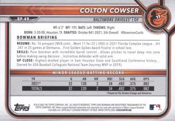 2022 Bowman - Prospects Orange #BP-49 Colton Cowser Back