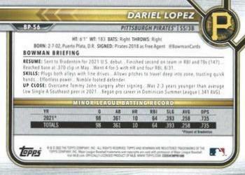 2022 Bowman - Prospects Orange #BP-56 Dariel Lopez Back