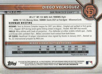 2022 Bowman - Chrome Prospects #BCP-110 Diego Velasquez Back
