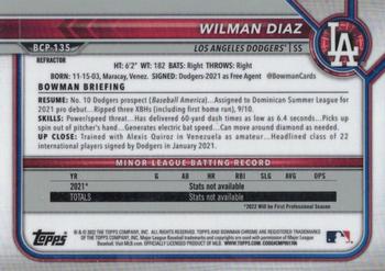 2022 Bowman - Chrome Prospects Refractor #BCP-135 Wilman Diaz Back