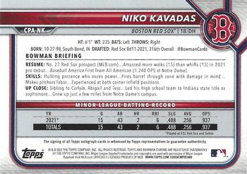 2022 Bowman - Chrome Prospect Autographs #CPA-NK Niko Kavadas Back