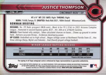2022 Bowman - Chrome Prospect Autographs Speckle Refractor #CPA-JT Justice Thompson Back