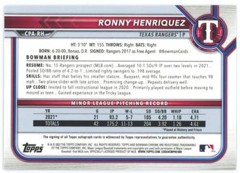 2022 Bowman - Chrome Prospect Autographs Speckle Refractor #CPA-RH Ronny Henriquez Back