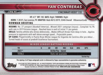 2022 Bowman - Chrome Prospect Autographs Speckle Refractor #CPA-YC Yan Contreras Back