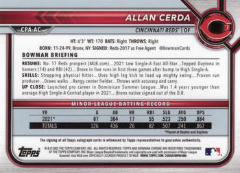 2022 Bowman - Chrome Prospect Autographs Purple Refractor #CPA-AC Allan Cerda Back