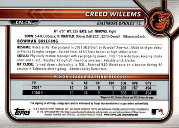 2022 Bowman - Chrome Prospect Autographs Blue Refractor #CPA-CW Creed Willems Back