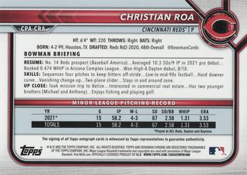 2022 Bowman - Chrome Prospect Autographs Yellow Refractor #CPA-CRA Christian Roa Back
