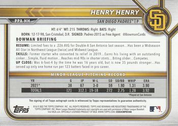 2022 Bowman - Prospect Autographs #PPA-HH Henry Henry Back