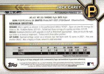 2022 Bowman - Prospect Autographs #PPA-JC Jack Carey Back