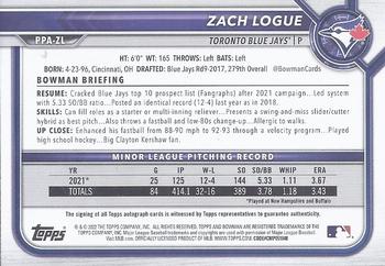 2022 Bowman - Prospect Autographs #PPA-ZL Zach Logue Back