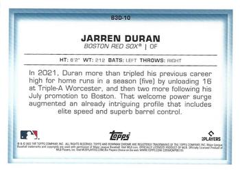 2022 Bowman - Bowman in 3D Gold Refractor #B3D-10 Jarren Duran Back