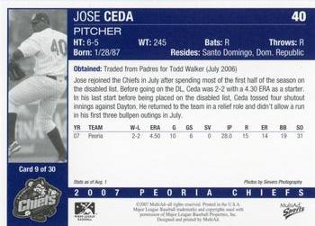 2007 MultiAd Peoria Chiefs Update #9 Jose Ceda Back