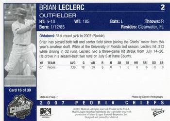 2007 MultiAd Peoria Chiefs Update #16 Brian Leclerc Back