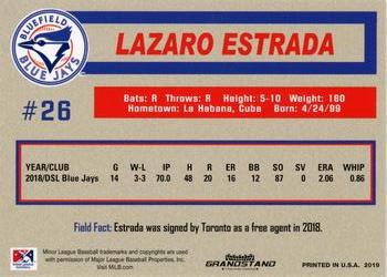 2019 Grandstand Bluefield Blue Jays #NNO Lazaro Estrada Back