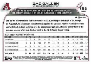 2022 Topps Arizona Diamondbacks #ARI-5 Zac Gallen Back