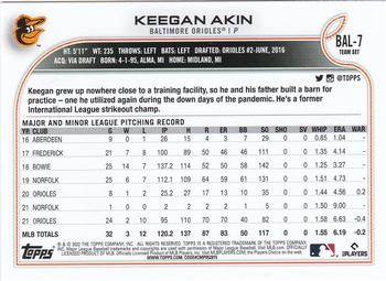 2022 Topps Baltimore Orioles #BAL-7 Keegan Akin Back
