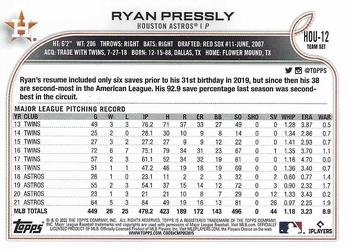 2022 Topps Houston Astros #HOU-12 Ryan Pressly Back