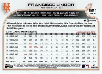2022 Topps New York Mets #NYM-1 Francisco Lindor Back