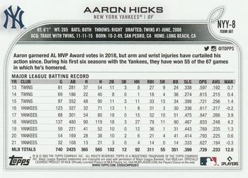 2022 Topps New York Yankees #NYY-8 Aaron Hicks Back