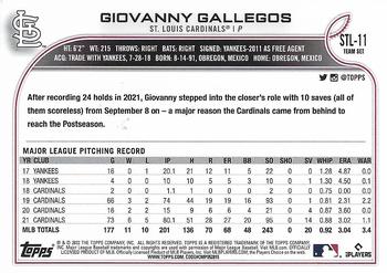 2022 Topps St. Louis Cardinals #STL-11 Giovanny Gallegos Back