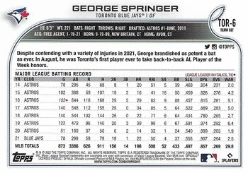 2022 Topps Toronto Blue Jays #TOR-6 George Springer Back