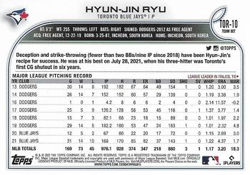 2022 Topps Toronto Blue Jays #TOR-10 Hyun-Jin Ryu Back