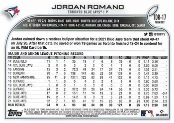 2022 Topps Toronto Blue Jays #TOR-17 Jordan Romano Back