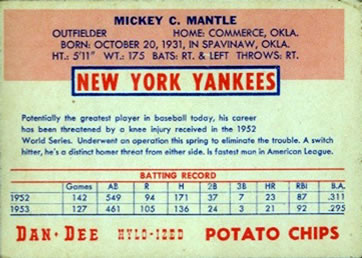 1954 Dan-Dee Potato Chips #NNO Mickey Mantle Back